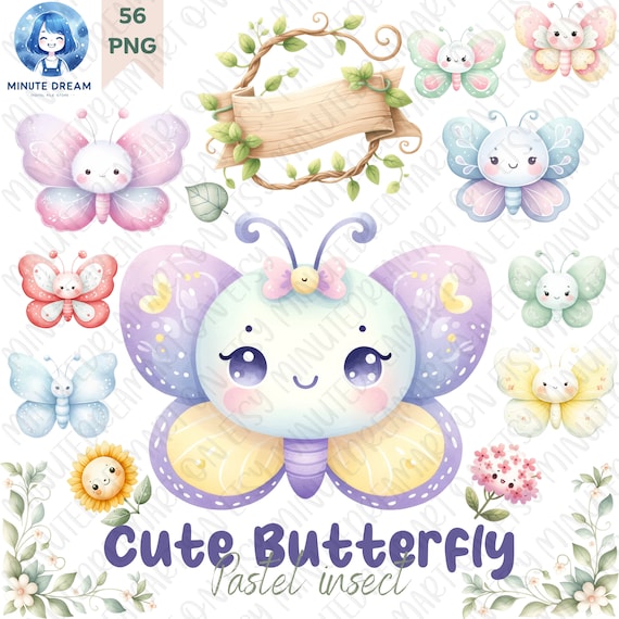 Cute butterfly Clipart, little animals png, flower, leaves, vine, Baby Pastel Rainbow butterflies,  watercolor sublimation, wings, florals