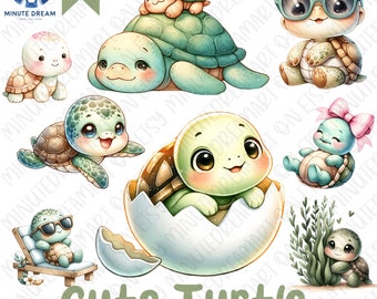 Schattige schildpad clipart, kleine zeedieren png, pasgeboren baby, aquarel sublimatie, moeder- en kinddier