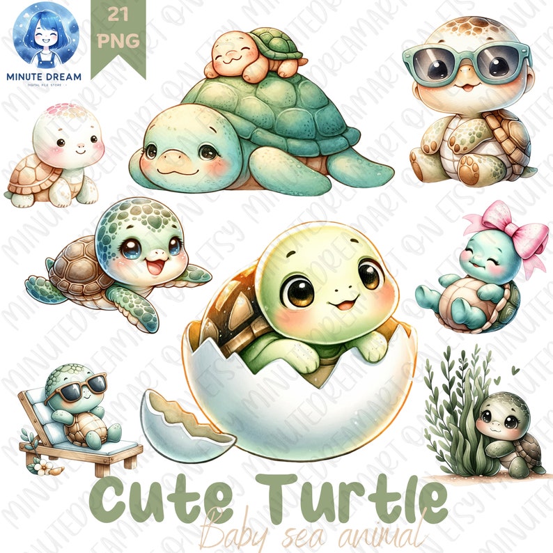 May include: A set of 21 digital illustrations of cute cartoon turtles in various poses. The turtles are drawn in a whimsical style with bright colors and expressive features. Some turtles are wearing sunglasses, others are riding on the backs of larger turtles, and one is even hatching from an egg. The illustrations are perfect for use in scrapbooking, card making, or any other creative project.