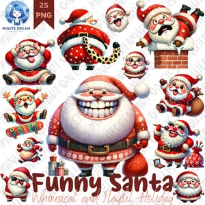Clipart engraçado de Papai Noel, png de feriado de Natal caprichoso e brincalhão, sublimação de aquarela, presente para criança, várias poses e estilos engraçados