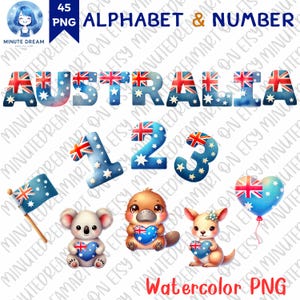 Alfabeto y números de la bandera australiana, imágenes prediseñadas de sublimación de acuarela, animales lindos con la letra de la bandera de Australia, canguro, koala, ornitorrinco