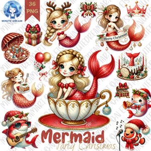 Clipart di sirena di Natale, festa sottomarina, sublimazione dell'acquerello, regalo per bambini, torta di tronchi, tazza da tè, musicisti animali