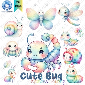 Clipart di insetti carini, insetti, coccinelle, fiori, foglie, vite, farfalle Baby Pastel Rainbow, sublimazione ad acquerello, ali, cavalletta, lumaca