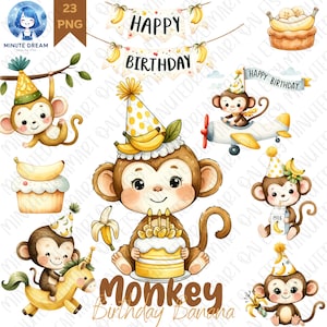 Może przedstawiać: Zestaw 23 cyfrowych ilustracji z motywem urodzin małpy. Ilustracje przedstawiają małpę w czapce urodzinowej, banana, babeczkę, samolot, tort i baner z napisem "Happy Birthday".