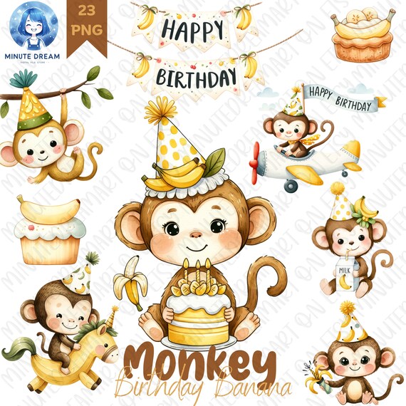 Cute Monkey Clipart, baby animal png, birthday banana , watercolor sublimation, gift for kid, cake, ride a plane, flower