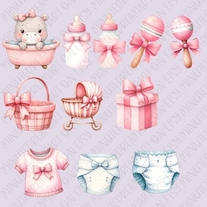 Op de afbeelding: Een set baby shower illustraties met een roze en witte babywagen, een roze cadeaudoos met strik, een roze mand met strik, een roze en wit gestreepte babyfles, een roze en wit gestreepte babyfles, een roze en witte rammelaar, een roze en witte rammelaar, een roze en witte luier, een blauwe en witte luier en een roze en witte romper.