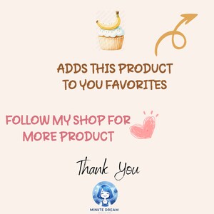 Może przedstawiać: Cyfrowa ilustracja ciastka z bananem na wierzchu. Tekst "ADDS THIS PRODUCT TO YOU FAVORITES" jest napisany brązowym kolorem. Tekst "FOLLOW MY SHOP FOR MORE PRODUCT" jest napisany czarnym kolorem. R&oacute;żowe serce jest narysowane obok tekstu. Tekst "Thank you" jest napisany czarnym kolorem. Niebieskie koło z kresk&oacute;wkową dziewczyną w środku znajduje się na dole obrazu. Tekst "MINUTE DREAM" jest napisany pod kołem.