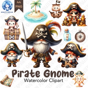 Imágenes prediseñadas de gnomo pirata, bandera de barco pirata, decoración de vivero de mapas piratas, sublimación de acuarela, búsqueda del tesoro