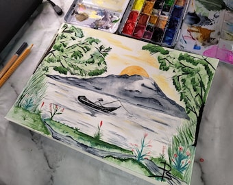 Aquarelle « Le pêcheur » 漁師 Impression A4