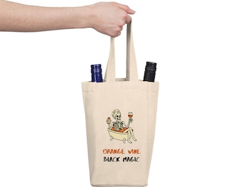 Sac à vin Black Magic Wine orange | Porte-biberon en coton de source éthique avec squelette dans une baignoire | Sac sommelier en vin naturel Witchy