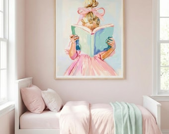 Whimsical Pink Reading Girl Wall Art, Nursery Decor, Book Lover Print (Digital Download)