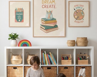 Retro Classroom Wall Art Set, Crayon Reading Prints, Back to School Decor (Digital Download)