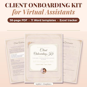 May include: A digital client onboarding kit for virtual assistants featuring a 38-page PDF, 11 Word templates, and an Excel tracker. The documents have a cream background with gold borders, floral accents, and elegant typography.