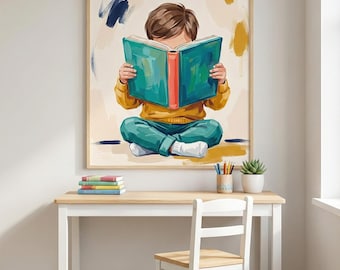 Boy Reading Book Art, Kids Reading Corner Decor, Playroom Poster (Digital Download)