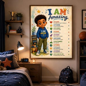 Może przedstawiać: Oprawiony plakat z napisem "I AM Amazing" i postacią z kreskówki w niebieskiej bluzie z kapturem. Plakat zawiera pozytywne afirmacje. W pokoju znajduje się łóżko, półki z książkami, koszykówka i plecak.