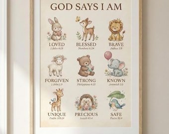 God Says I Am Printable, Bible Verse Nursery Decor, Christian Kids Room Wall Art, Biblical Affirmations, Faith Nursery Gift