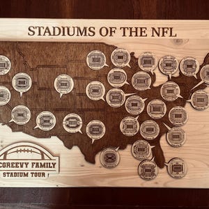 May include: Wooden wall art featuring a map of the United States with stadium illustrations. The text "STADIUMS OF THE NFL" is at the top. The bottom has the text "MCGREEVY FAMILY STADIUM TOUR".