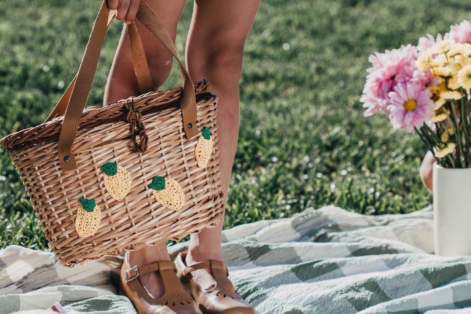 Cute Kids' Wicker Picnic Basket With Embroidered Design and Convenient ...
