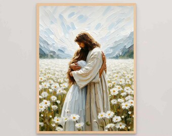 Zijn liefde, christelijke kunst aan de muur, Jezus knuffelende vrouw, Jezus en meisje, Jezus foto, LDS kunst, Bijbelkunst, Jezus Christus, christelijke kunst downloaden