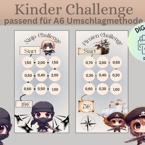 Children&#39;s savings challenge/Pirates/Ninja/German version/PDF/suitable for A6 envelopes in savings binder/Digital download/envelope method