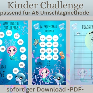 Sparchallenge children&#39;s mermaid motifs/German version/PDF/suitable for A6 envelopes in savings binder/Digital download/envelope method