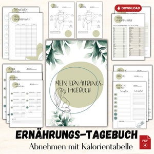 Könnte beinhalten: Eine Sammlung druckbarer Diät- und Fitness-Journalseiten. Die Seiten enthalten einen 52-Wochen-Tracker, Körpermaßtabellen, tägliche und wöchentliche Ernährungsprotokolle und eine Kalorientabelle. Das Cover zeigt den Text "Mein Ernährungs-Tagebuch" und eine Strichzeichnung einer Frau.