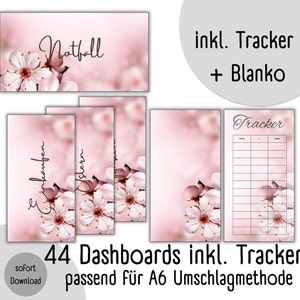 Puede incluir: 44 tableros de control florales rosas y blancos con una hoja de seguimiento. Los tableros de control están diseñados para el método de sobre A6. El texto en la imagen dice "Notfall", "Einkaufen", "Ustern", "inkl. Tracker", "+ Blanko", "Tracker", "sofort Download", "44 Dashboards inkl. Tracker", "passend für A6 Umschlagmethode".