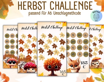 Savings challenge set for autumn/seasons/German version/PDF/suitable for A6 envelopes in savings binder/Digital download/envelope method