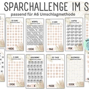Savings Challenge Set Boho / German Version / PDF / Suitable for A6 Envelopes in Savings Binder / Digital Download / Envelope Method