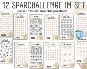 Savings Challenge Set Boho / German Version / PDF / Suitable for A6 Envelopes in Savings Binder / Digital Download / Envelope Method