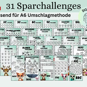 Savings challenge set 31 forest animals/German version/PDF/suitable for A6 envelopes in savings binder/Digital download/envelope method