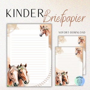 PAPEL DE CARTA para niños "Caballo" DIN A4 para niños rayado + plantilla en blanco/ideal para escritores principiantes y escolares