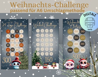 Savings challenge Christmas/German version/PDF/suitable for A6 envelopes in savings binder/Digital download/envelope method