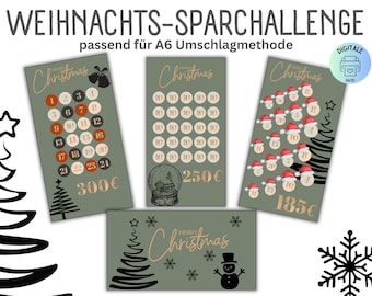 Savings challenge Christmas/German version/PDF/suitable for A6 envelopes in savings binder/Digital download/envelope method