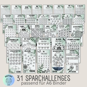 Savings challenge set 31 different motifs/German version/PDF/suitable for A6 envelopes in savings binder/Digital download/envelope method