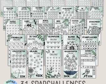 Savings challenge set 31 different motifs/German version/PDF/suitable for A6 envelopes in savings binder/Digital download/envelope method