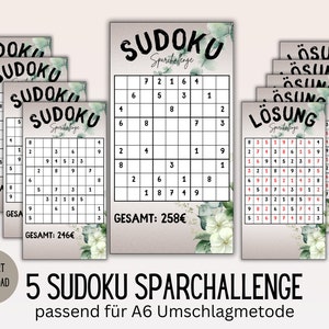 Könnte beinhalten: Fünf druckbare Sudoku-Rätsel mit Lösungen. Jedes Rätsel hat ein florales Design mit weißen Blumen und grünen Blättern. Der Text "Sudoku Sparchallenge" ist auf jedem Rätsel gedruckt. Der Text "passend für A6 Umschlagmethode" ist unter den Rätseln gedruckt.