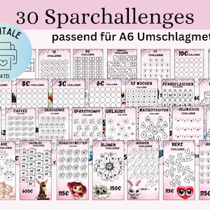 Savings challenge set 30 different motifs/German version/PDF/suitable for A6 envelopes in savings binder/Digital download/envelope method