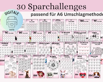 Savings challenge set 30 different motifs/German version/PDF/suitable for A6 envelopes in savings binder/Digital download/envelope method