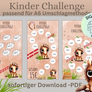 Sparchallenge children&#39;s horse motifs/German version/PDF/suitable for A6 envelopes in savings binder/Digital download/envelope method
