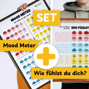 Könnte beinhalten: Ein Set aus zwei pädagogischen Postern mit den Titeln Mood Meter und Wie fühlst du dich, die bunte, animierte Kleckse mit verschiedenen Gesichtsausdrücken zeigen, welche Emotionen, Energieniveaus und Verhaltensweisen in deutscher Sprache darstellen.