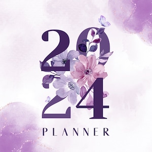 Puede incluir: Fondo de acuarela morado con un diseño floral y el texto "2024 PLANNER" en una fuente de color morado oscuro.