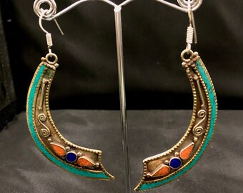 Blue Turquoise And Red Coral And Lapis Lazuli Brass Earring