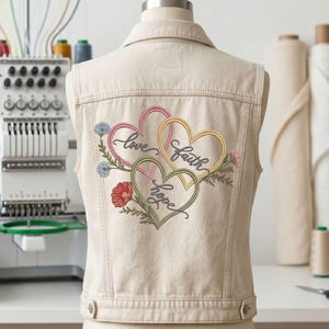 Op de afbeelding: Een beige spijkergilet met een borduursel op de achterkant met drie in elkaar grijpende harten in roze, geel en groen. De harten bevatten de cursieve woorden love, faith en hope, geaccentueerd door kleine bloemendetails waaronder een rode klaproos.