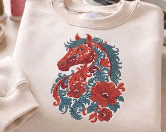 Bloemen paard shirt kleding machine borduurwerk ontwerp digitaal downloadbestand