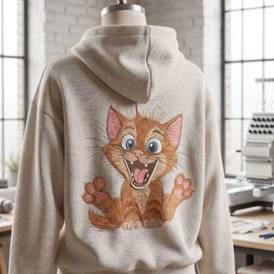 Puede incluir: Una sudadera con capucha de color beige que presenta un bordado en la espalda de un gatito atigrado naranja de ojos grandes con la boca abierta en una expresión juguetona, mostrando almohadillas rosadas y bigotes, sobre un maniquí.