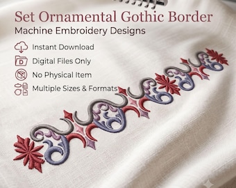 Set di bordi ornamentali gotici per ricamo a macchina, design dark romance, file digitale scaricabile