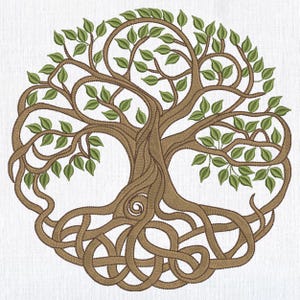 May include: A brown and green stylised tree of life with intricate roots and branches. The tree is a circular design with a Celtic knot pattern in the roots.