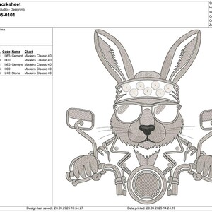 May include: An embroidered design featuring a rabbit wearing sunglasses, a bandana, and a leather jacket, riding a motorcycle. The design is in shades of gray and black, with the motorcycle handlebars and mirrors visible. The design is 15.76 inches high and 14.63 inches wide.