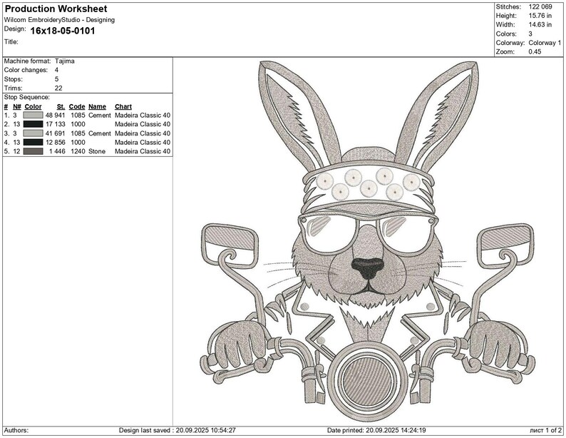 May include: An embroidered design featuring a rabbit wearing sunglasses, a bandana, and a leather jacket, riding a motorcycle. The design is in shades of gray and black, with the motorcycle handlebars and mirrors visible. The design is 15.76 inches high and 14.63 inches wide.